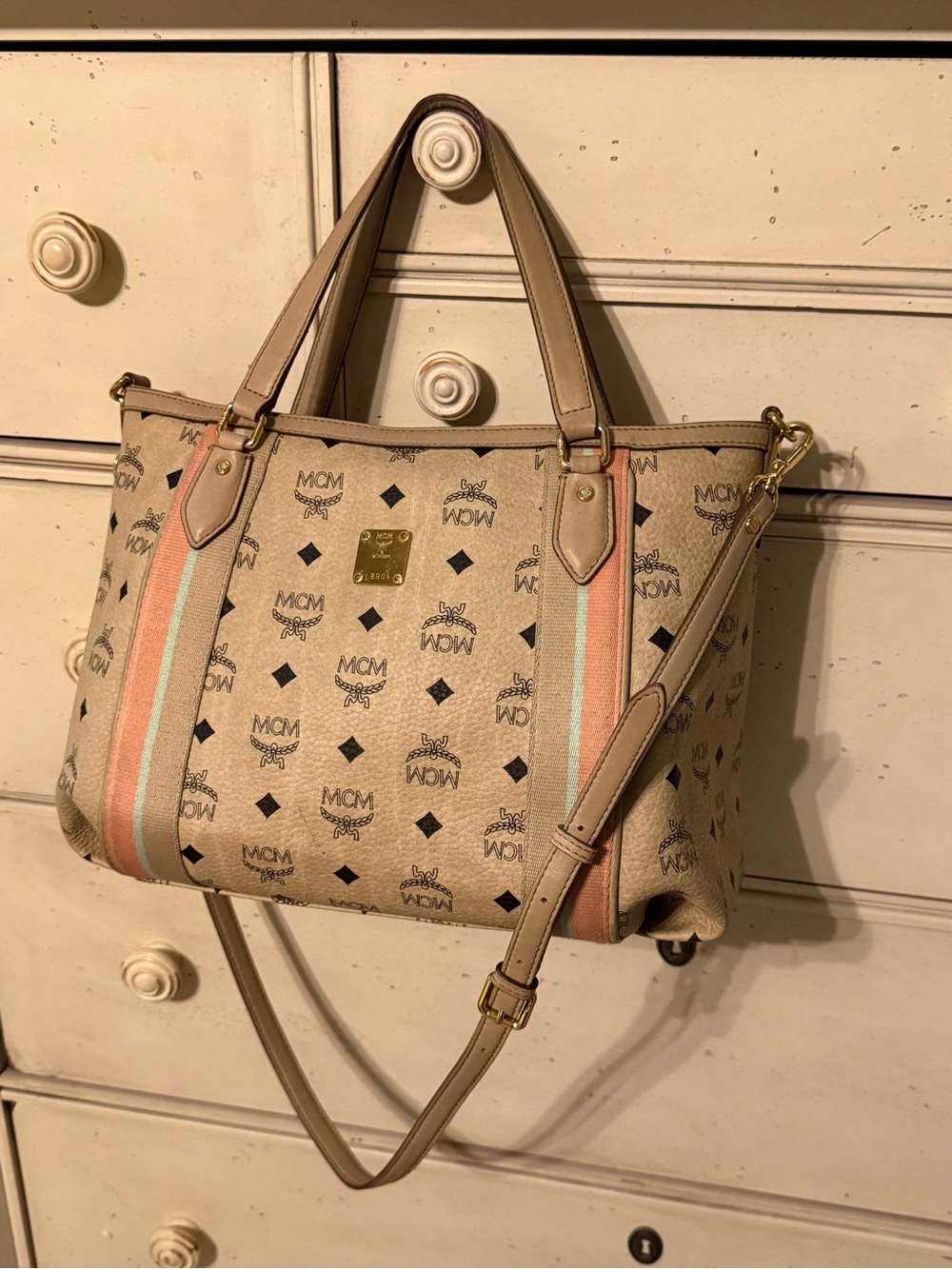 MCM Beige Canvas Shoulder Tote with Pink and Mint Stripes